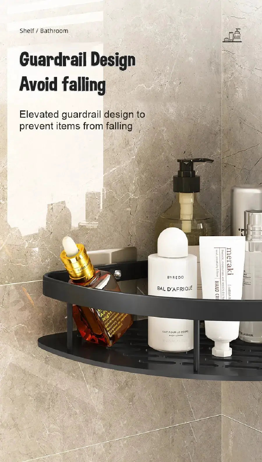 Bathroom wall-mounted corner shelf in dark gray aluminum with guardrail, holding bottles and tubes