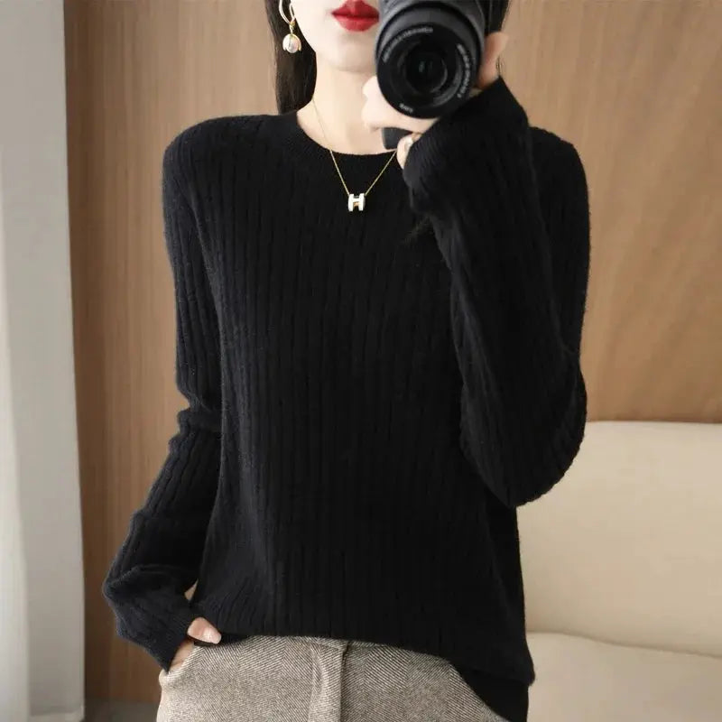 Aurora Knitwear Warm O Neck Stripe Loose Fit Sweater For Autumn Winter Layering Cozy Knit