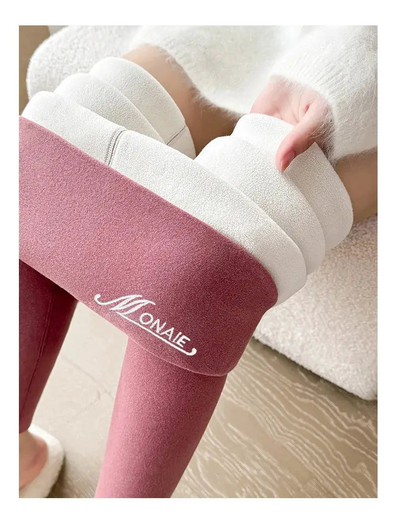 Winter burgundy cashmere leggings for women with white fleece cuffs and Monaie logo