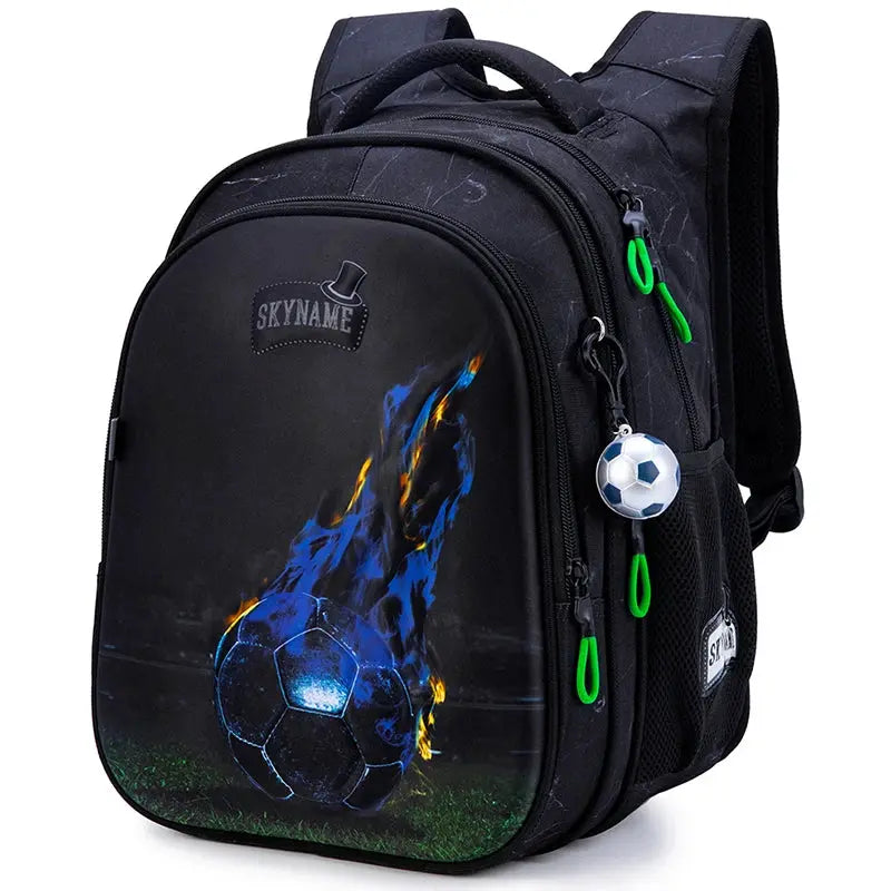 Backpack for boys by Simples Market with flaming soccer ball graphic, black with green zipper pulls