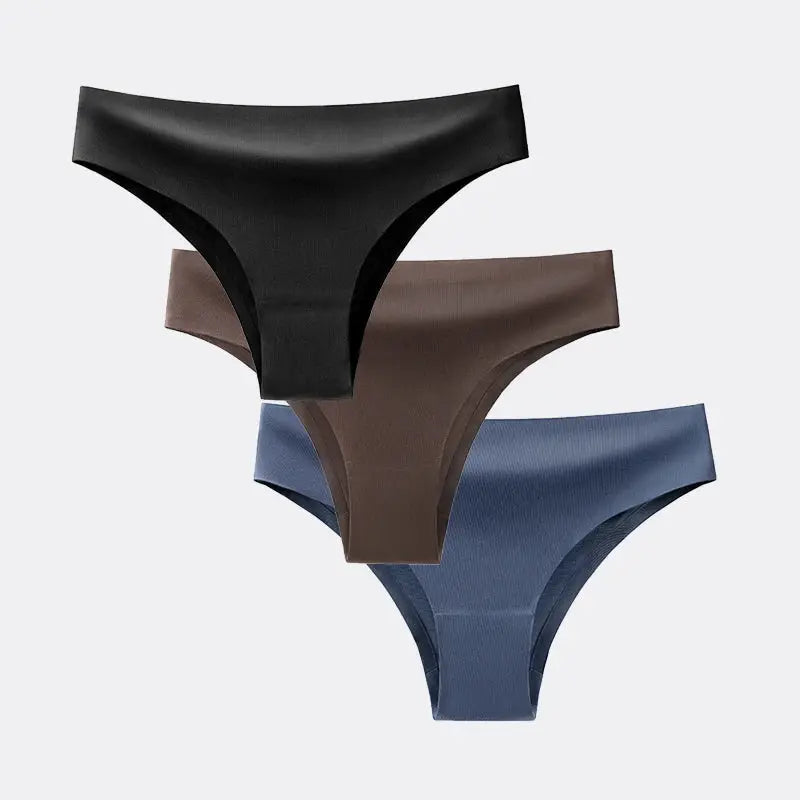 BANNIROU 3-pack women's seamless T-back panties in black, brown, and blue ice-silk fabric by Simples Market