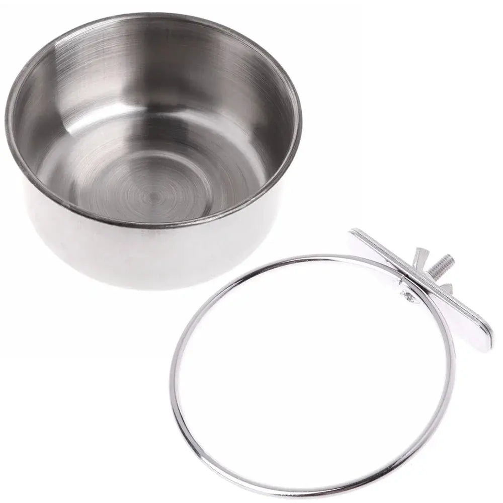 Stainless steel parrot feeding bowl with clamp-on holder for cage