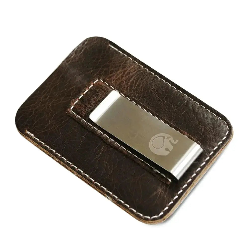 Men's brown leather money clip wallet with metal front clip