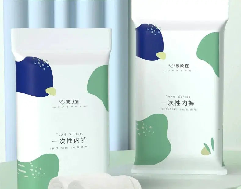Disposable panties by Simples Market, two maternity underwear packages with blue and green abstract designs