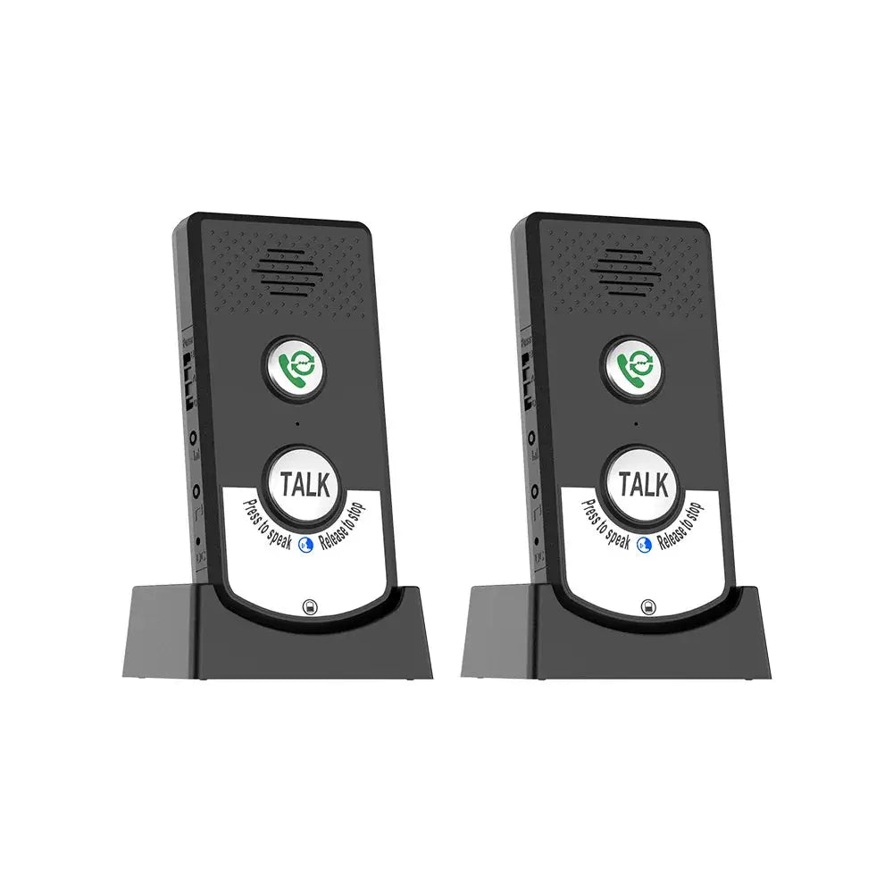 2-Pack H8-2T wireless home intercoms, black handheld units with TALK button and charging bases