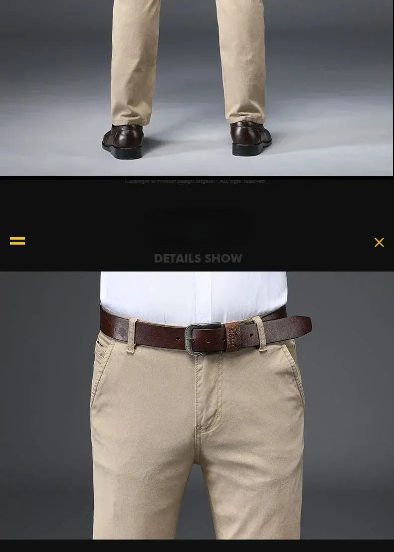 Men's beige 97% cotton straight pants with brown belt