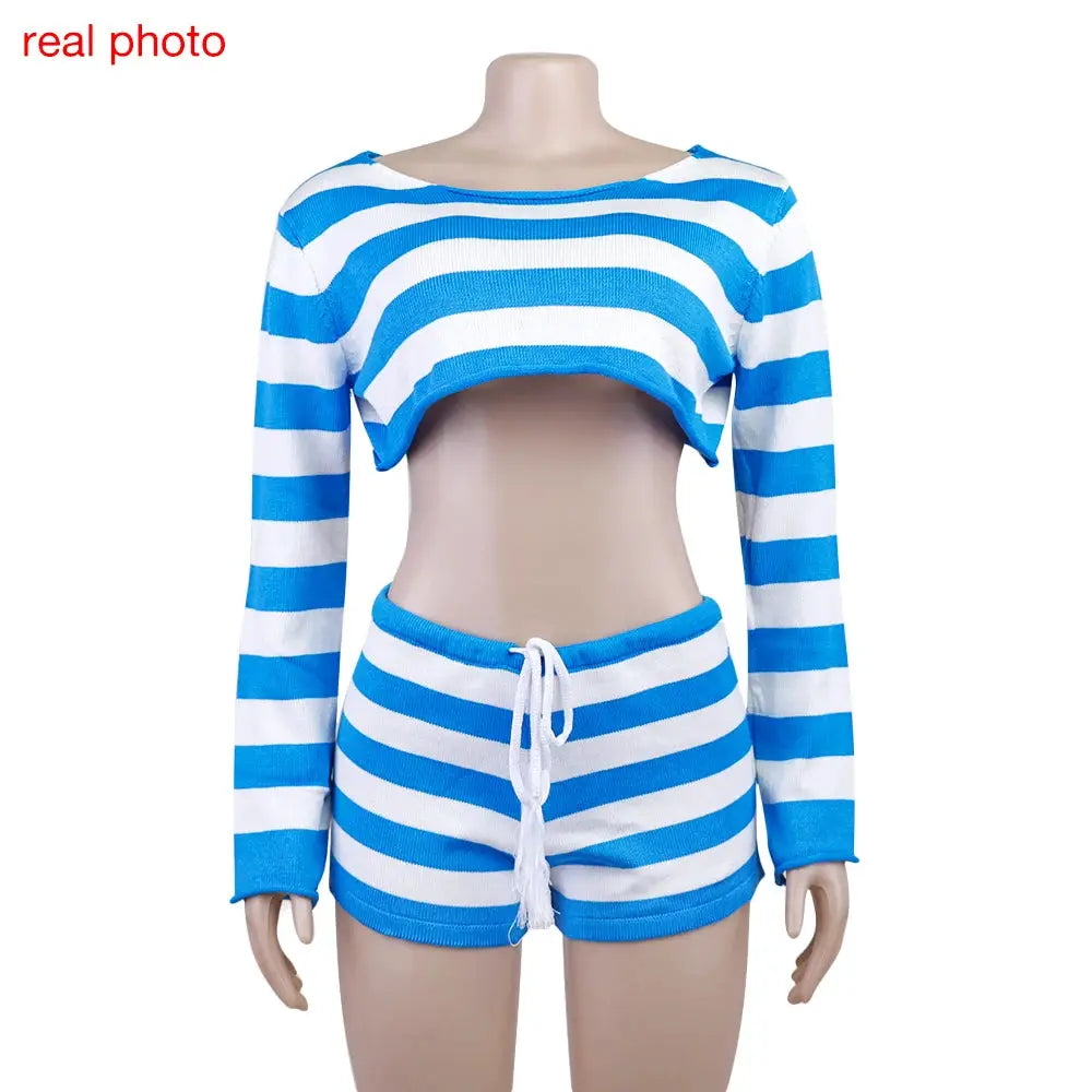 Striped Knit Two Piece Set Off Shoulder Top and Shorts Casual Fashion