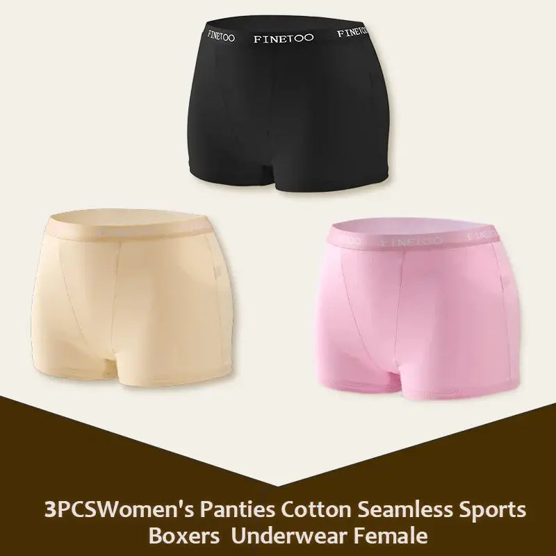 Finetoo 3-pack women's cotton seamless boxers in black, beige, and pink