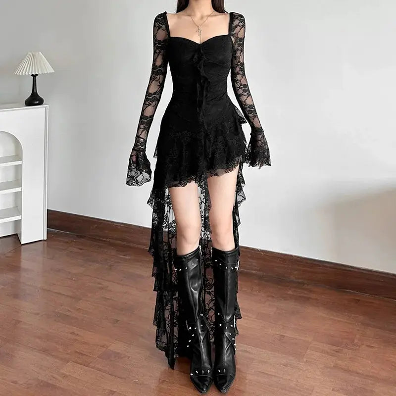 Nocturne Atelier Goth Lace Fairycore A Line Dress With Flare Sleeve Square Neck Irregular Hem For Cyber Y2K Party