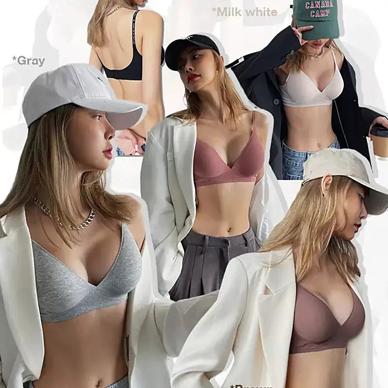 FINETOO wireless padded bralette collage in gray, milk white, pink, taupe; 6 color options