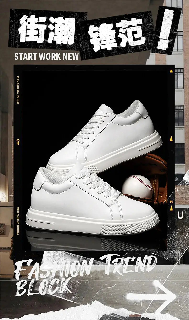 Pair of white leather men's elevator sneakers with height-increasing insoles, 6–10 cm, Simples Market.