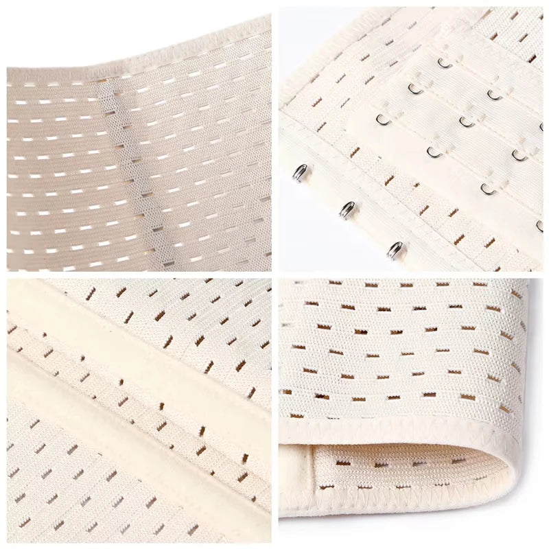 Beige men's waist trainer corset with perforated high-compression fabric and metal hook closures.