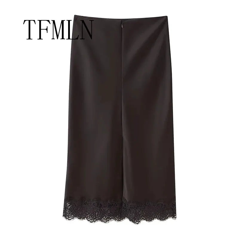 Brown satin lace-splice long skirt with lace hem; TFMLN wrap-style women's fashion