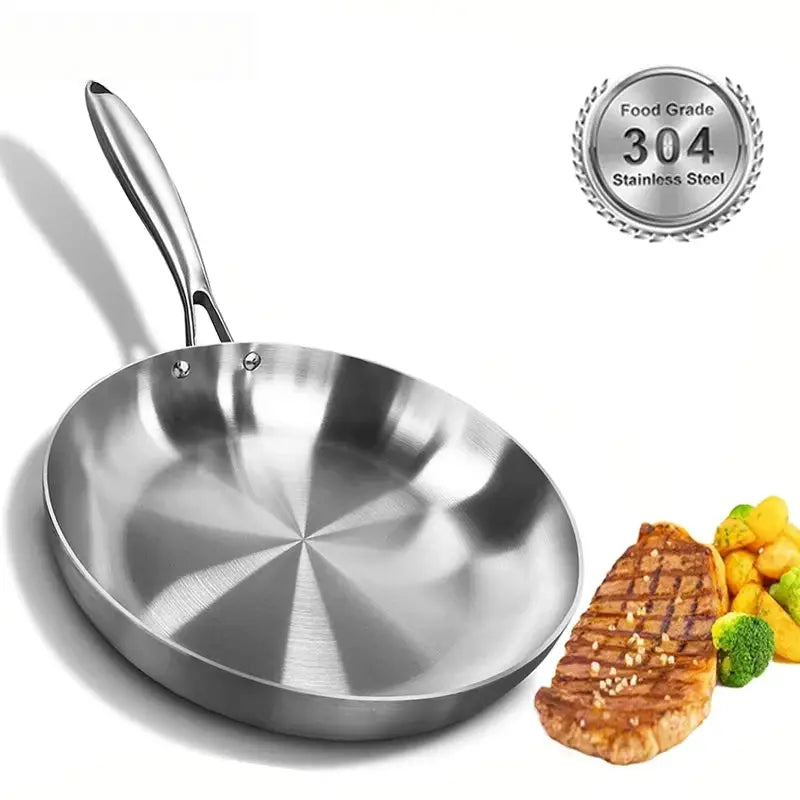 304 Stainless Steel Frying Pan Uncoated Nonstick Surface For Gas Stove And Induction Cooker