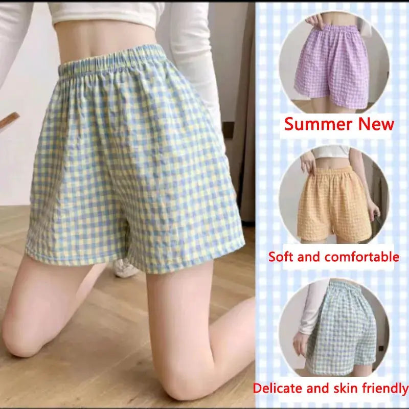 Summer Home Shorts for women by Simples Market; high-waisted, loose plaid pajama shorts in four color options.