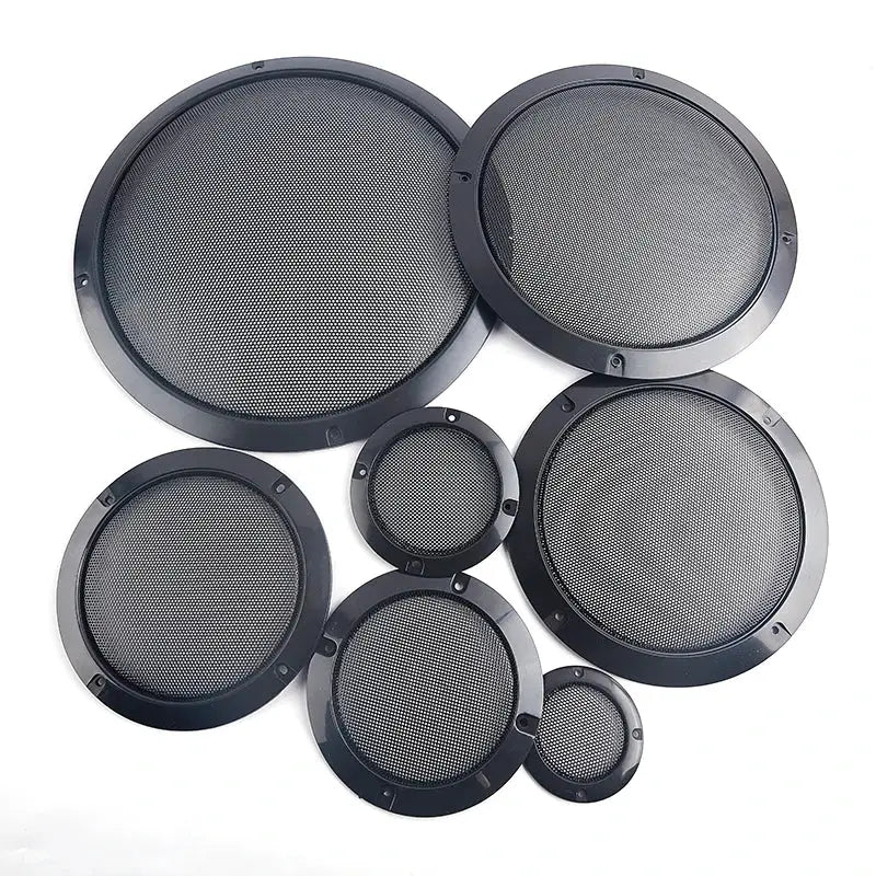 Seven round speaker grills in black metal mesh with plastic frames, sizes from 2 to 8 inches.