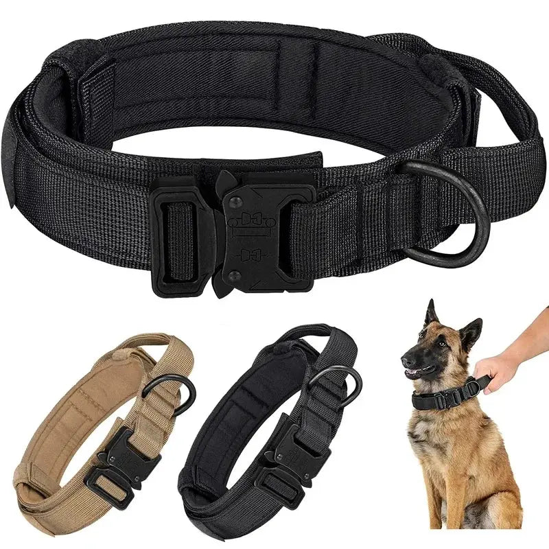 Tactical dog collars set by Simples Market: 3 adjustable nylon collars in black and tan with metal buckles