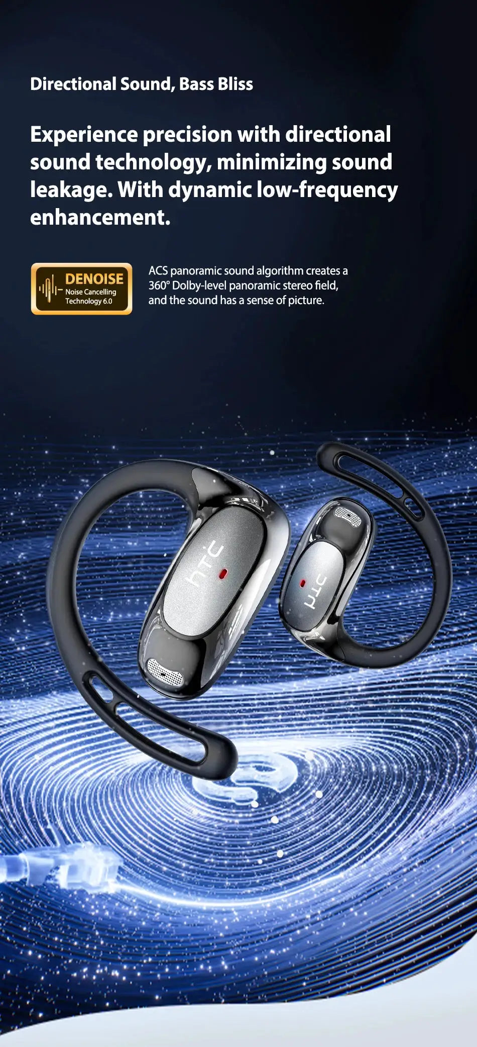 HTC NE35 Bluetooth sport earphones with neckband in black and silver, two earbuds.