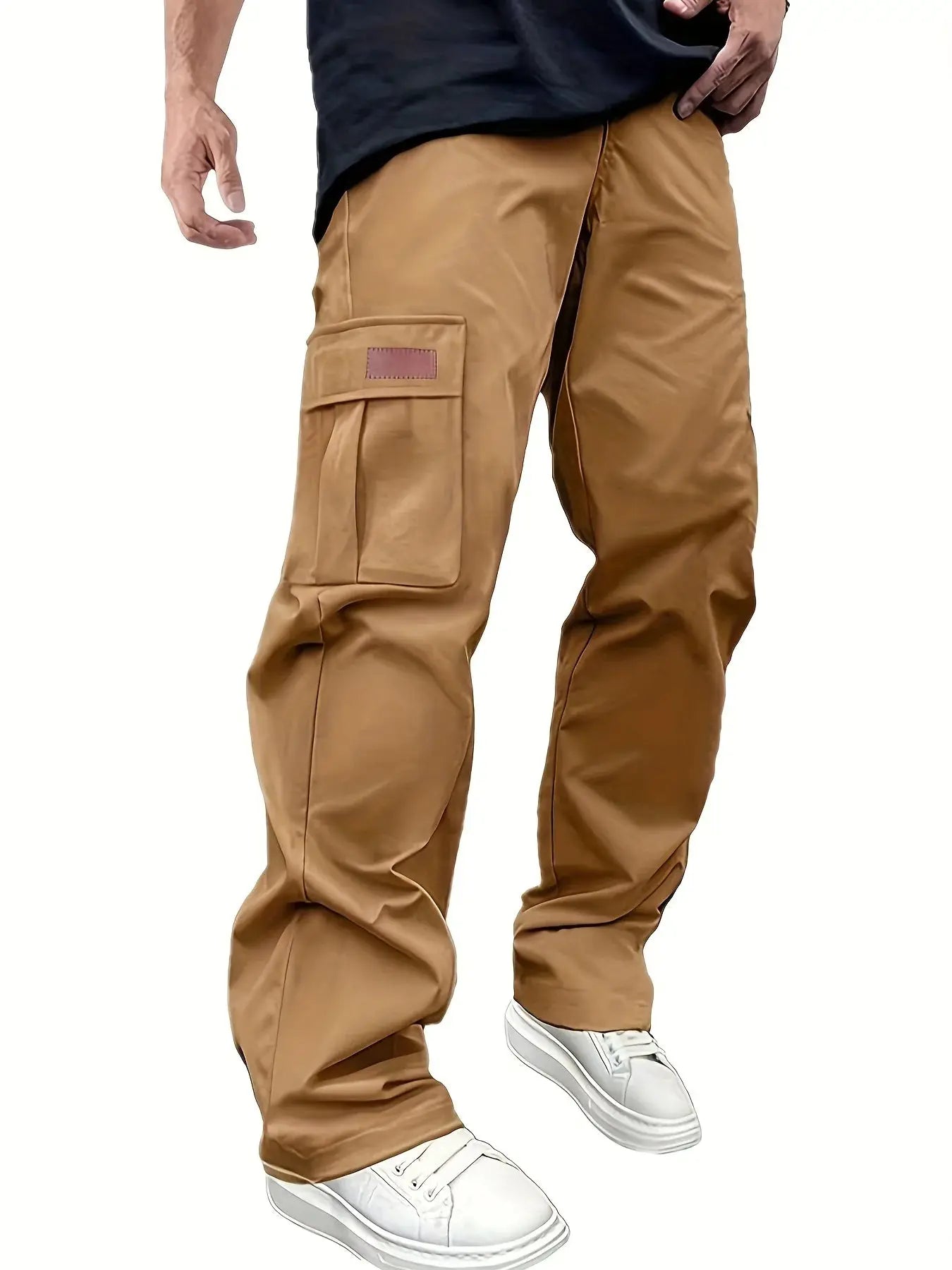Men's tan cargo work pants with multi-pocket design and drawstring