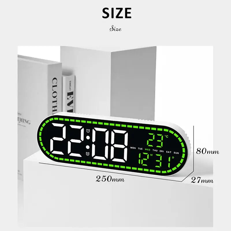 Digital LED wall clock by Simples Market with black face and green border; two alarms, temp, date and week display
