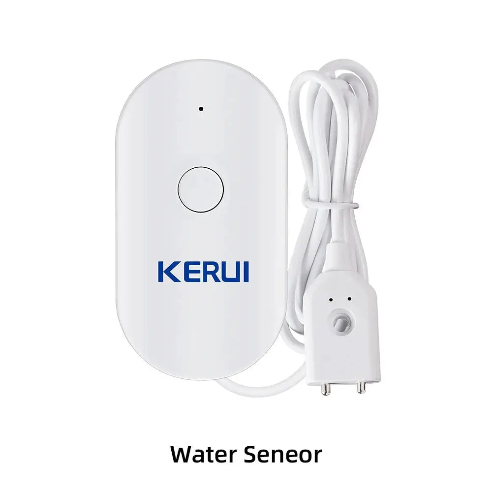 KERUI Water Sensor in white oval housing with blue logo and attached power cable