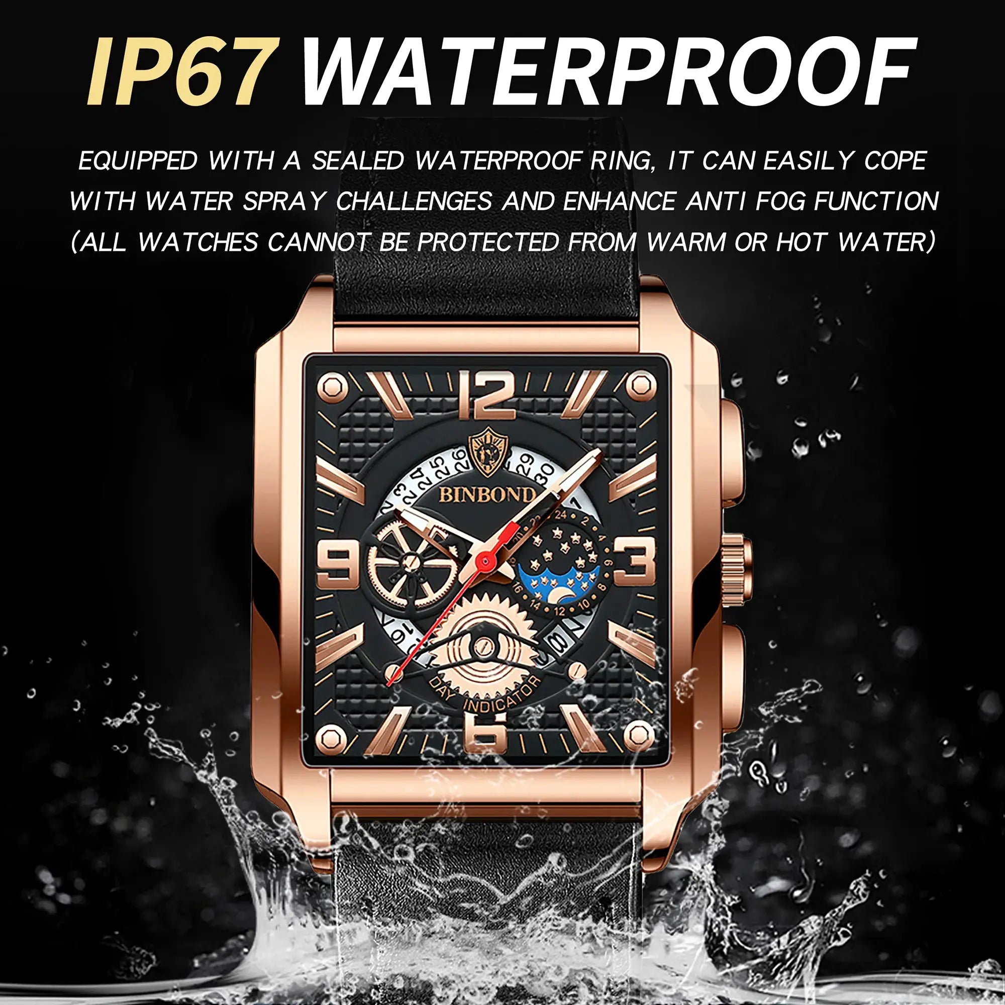 BINBOND men's watch with rose-gold square case, black textured dial, leather strap