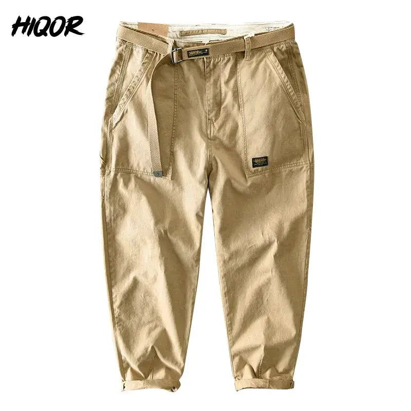 Cargo pants for men by HIQOR, beige multi-pocket baggy streetwear style with belt