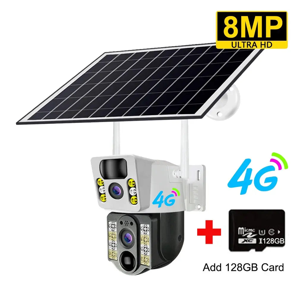 Simples Market 8MP 4K solar outdoor camera with 4G SIM, dual lens, PIR night vision; 128GB microSD card included