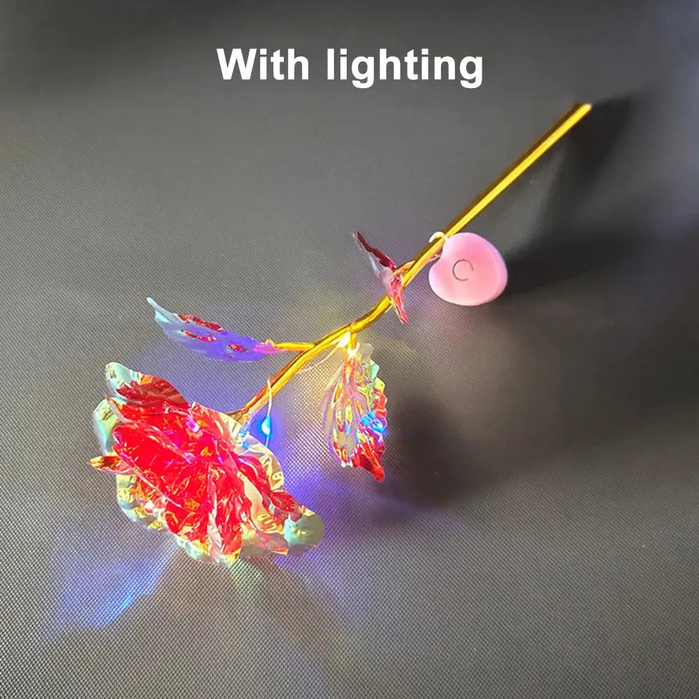 LED foil rose pair on a golden stem with multicolor iridescent petals and built-in lighting