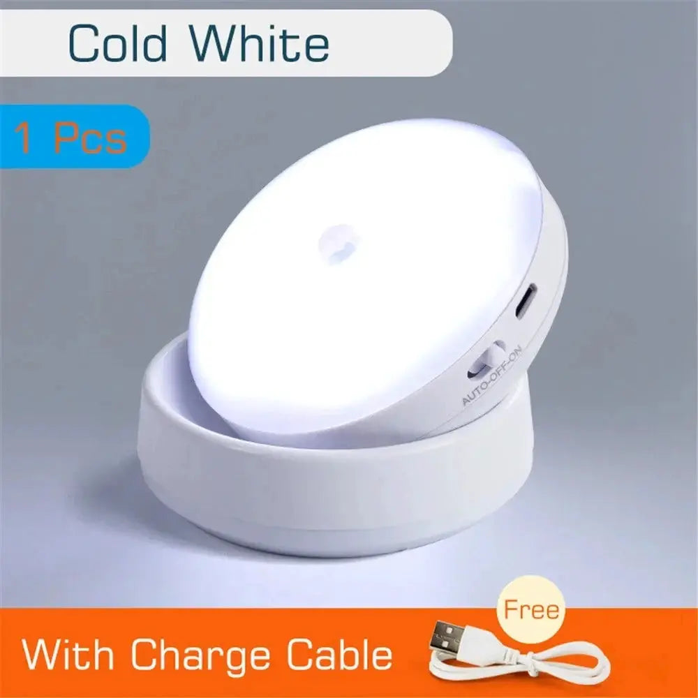 Night light USB motion-sensor round LED lamp, cold white, with charging cable, Simples Market
