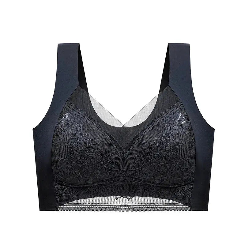 Black lace wireless bralette with wide straps and sheer mesh band