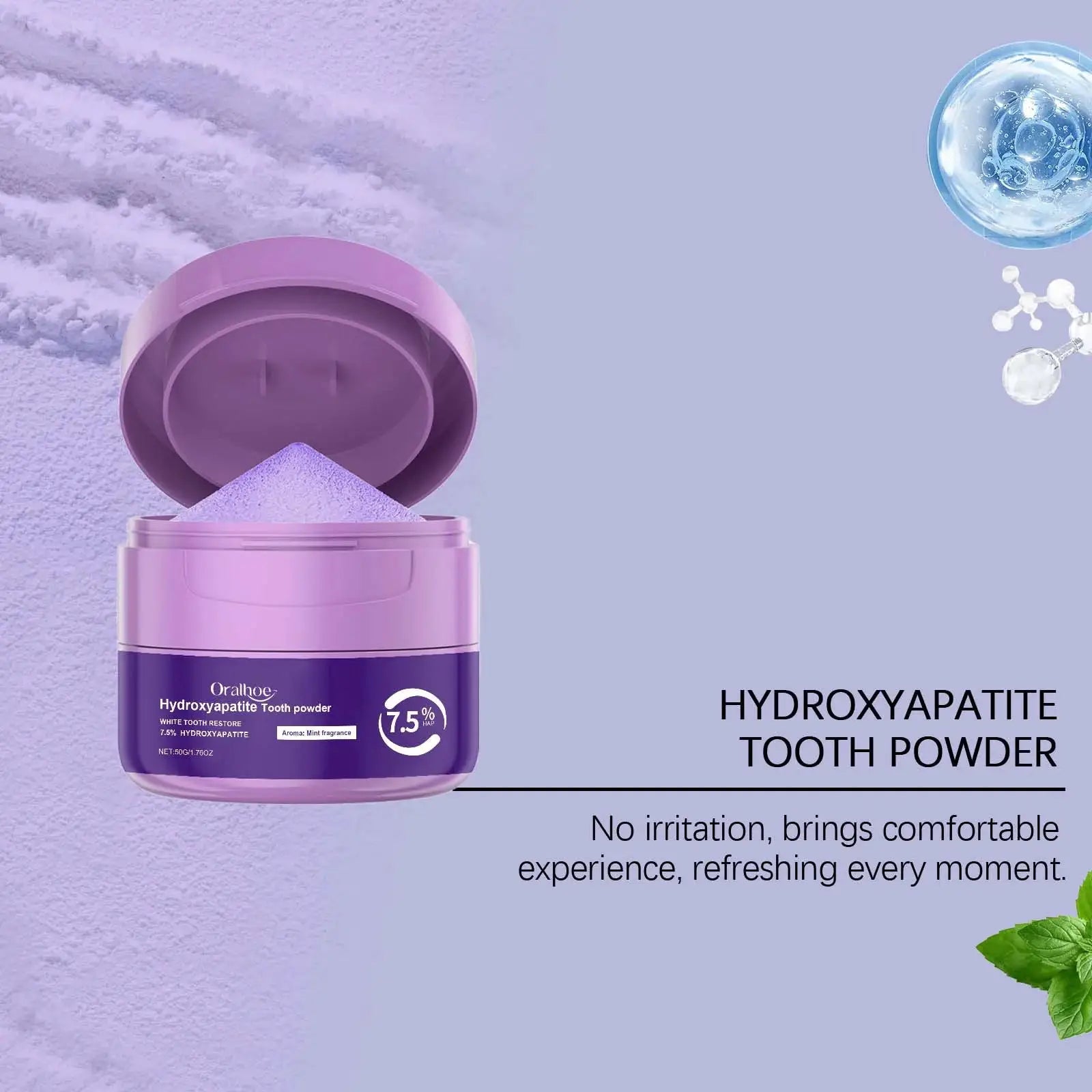 Hydroxyapatite Tooth Powder by Simples Market in a purple jar with mint fragrance for plaque and tartar removal