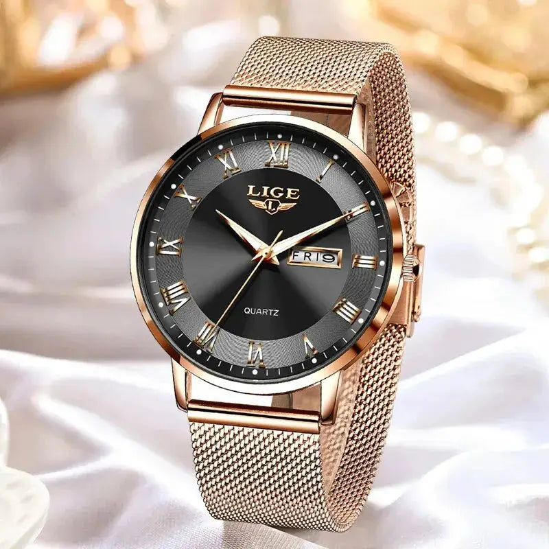 LIGE women's rose-gold stainless steel mesh bracelet watch with black dial and Roman numerals