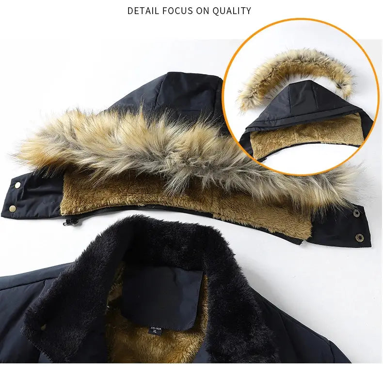 Men's Simples Market windproof parka with fur-trimmed hood; black shell, tan fleece lining