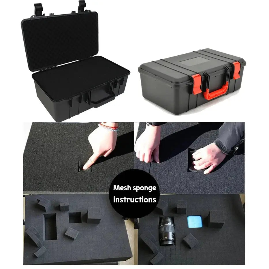 Waterproof tool case set by Simples Market: black open case and gray hard case with red latches, foam inserts.