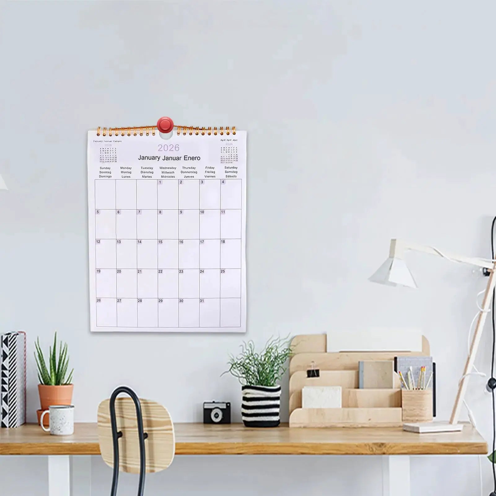 2026 multilingual wall calendar, 12-month coil planner by Simples Market, white pages with copper binding