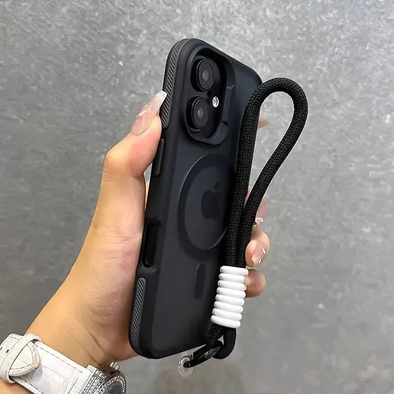 MagSafe phone case with black wrist strap and white coil, matte finish