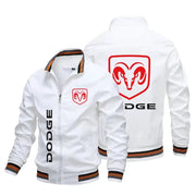 2 white Dodge logo bomber jackets with red ram shield, front chest patch and back emblem, zip front, striped cuffs.