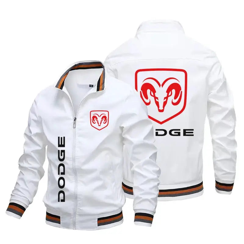 2 white Dodge logo bomber jackets with red ram shield, front chest patch and back emblem, zip front, striped cuffs.
