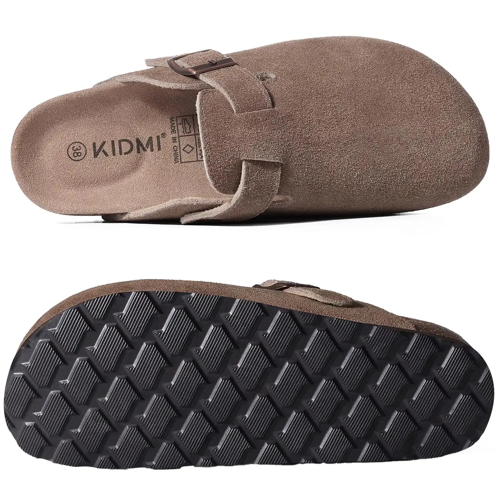 Women's brown cork-footbed leather clogs with adjustable strap and rugged sole by Simples Market