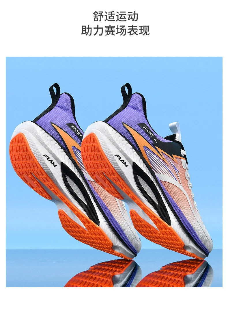 Pair of men's running shoes with purple mesh upper, orange accents, white midsole, orange outsole.