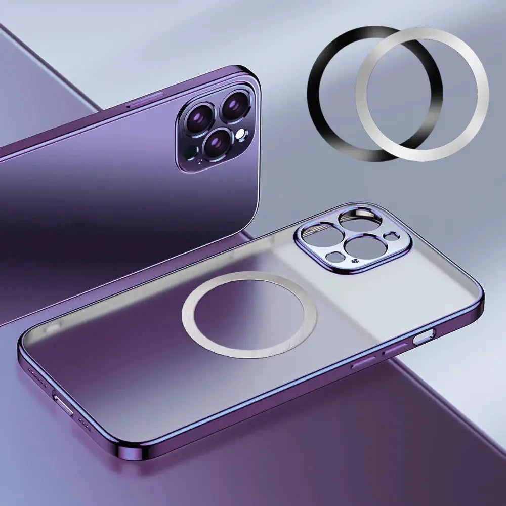 Universal magnetic metal plate ring for MagSafe wireless car charger; round silver patch, two rings shown on purple iPhones.