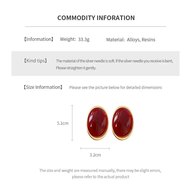 Pair of vintage red resin oval stud earrings with gold-tone trim, Simples Market