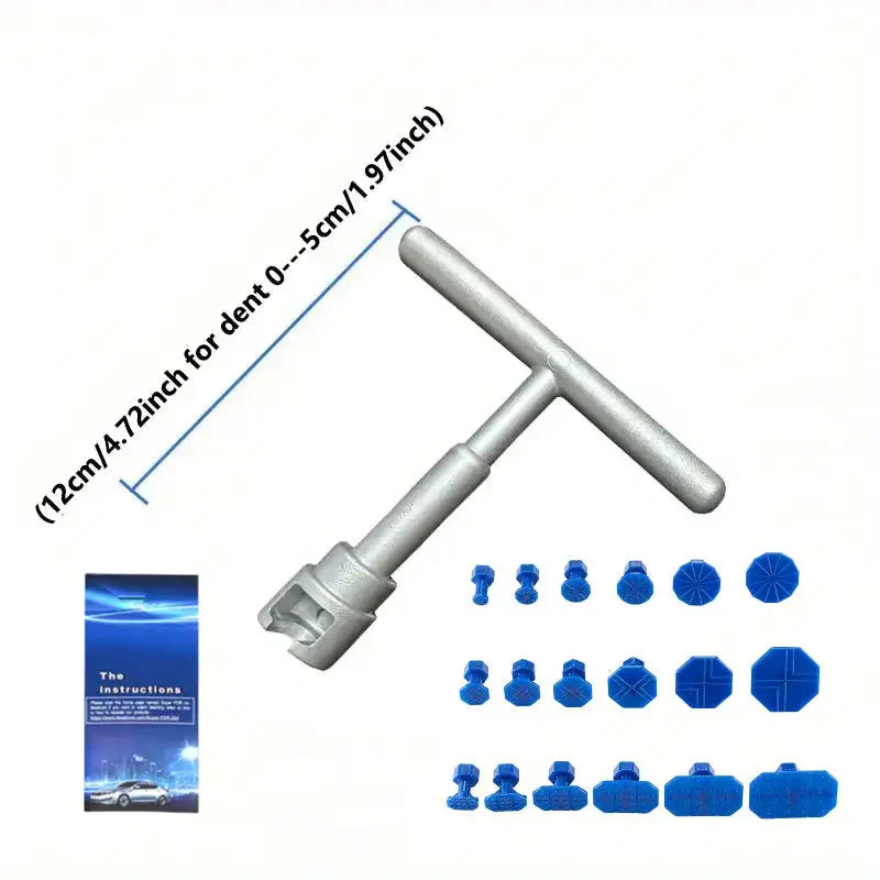 Car dent repair puller kit with 18 blue plastic glue tabs and a T-handle tool