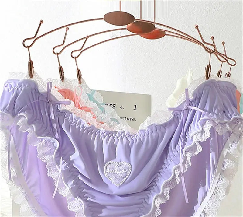 Lavender lace lingerie panty, plus size, with white lace trim, on hanger.