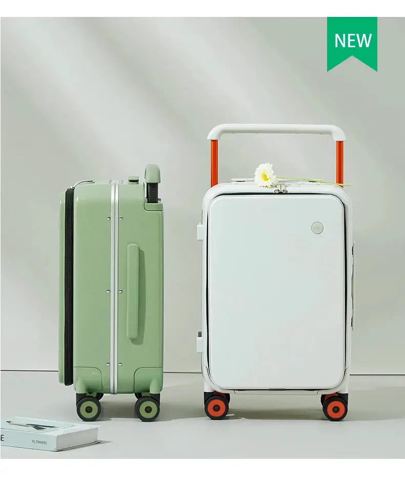 Mixi 20-inch carry-on suitcases by Simples Market, white and green, two suitcases with wide handle and PC aluminum frame.