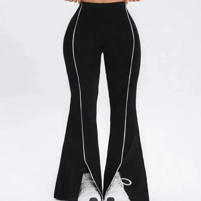 Yoga pants in black with high waist, flared wide-leg silhouette, white piping, elastic hip lifting, for running and daily fitness