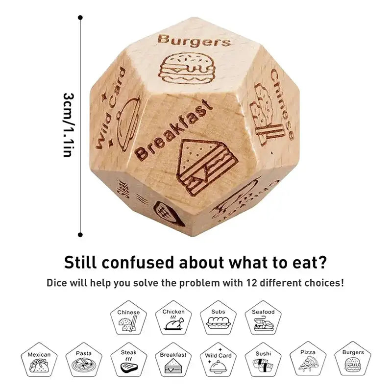Wooden 12-faced food-decision dice for couples by Simples Market, engraved with burger, breakfast, sushi icons