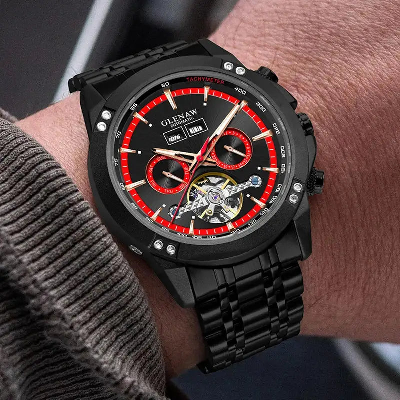 Glenaw automatic men's watch with black stainless bracelet, red/black dial and visible skeleton movement