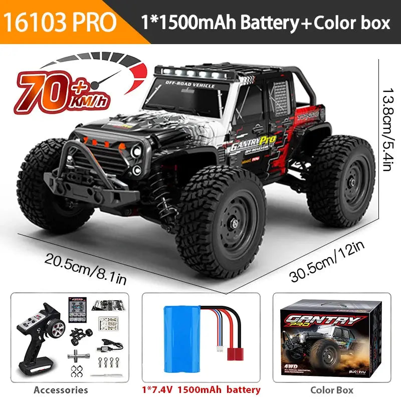 One Sixteenth Scale 4WD RC Monster Truck With LED Lights High Speed Drift 70KMH Or 50KMH Remote Control